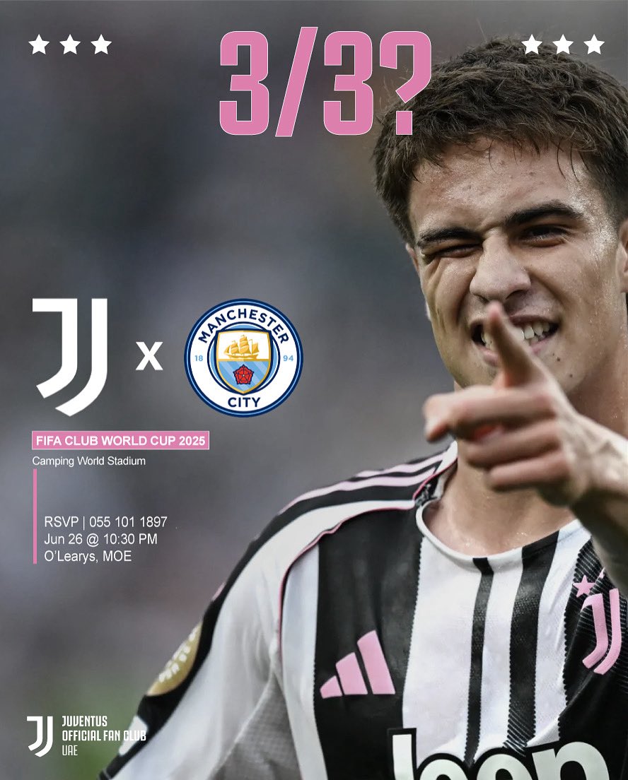 🚨🚨 A #ClubWorldCup gathering to celebrate the qualification and go for top of the group. Join the #JUAE family to watch our beautiful old lady #Juventus 🤍🖤 as they play #ManCity. 

#FinoAllaFine #ForzaJuve #Juve #WeAreYouth