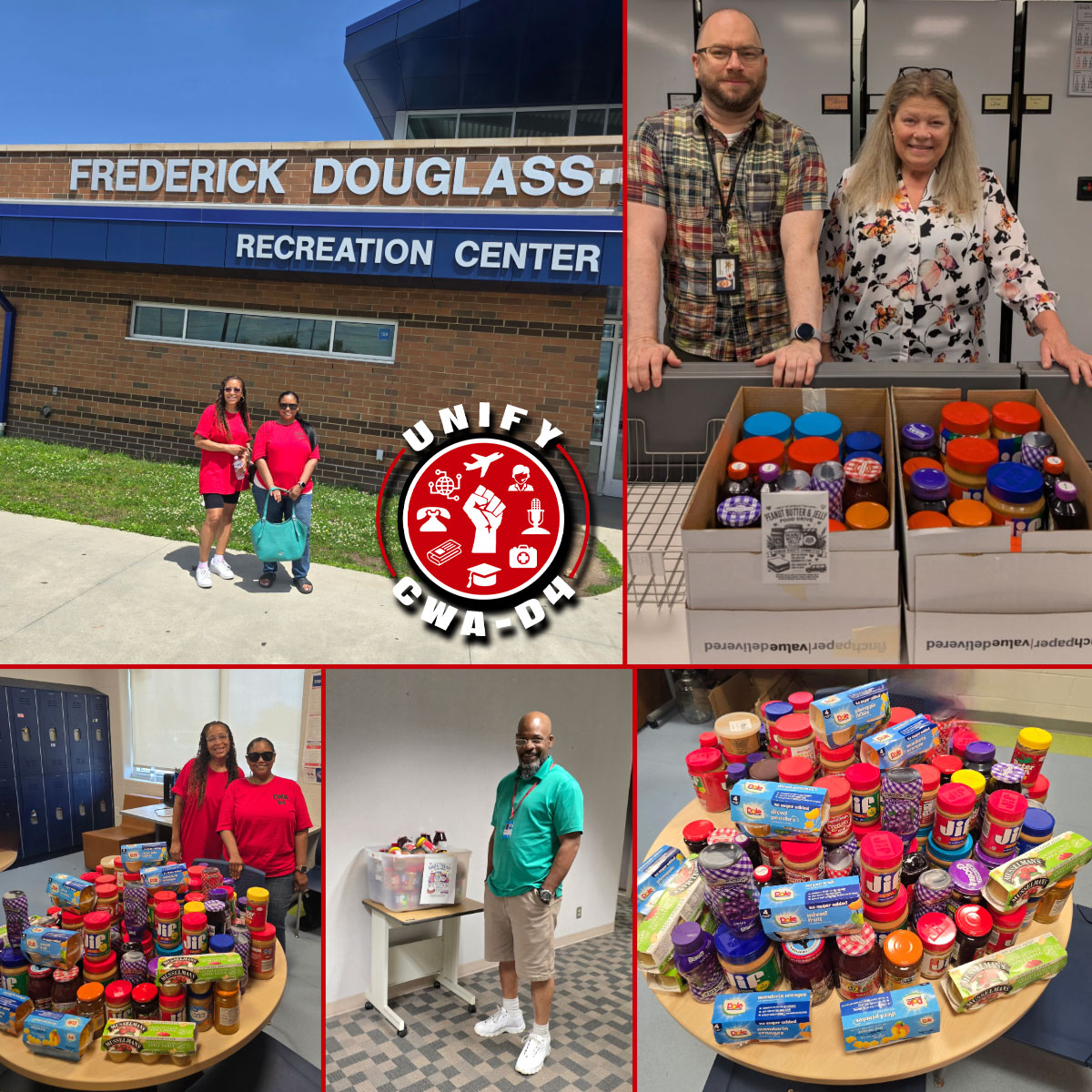 D4CWA's tweet image. Peanut butter, jelly, and solidarity! CWA Local 4340 members gathered for the D4 Human Rights PB&J Food Drive, helping local families fight food insecurity. Every jar makes a difference. Thank you for your commitment to caring. #CWAStrong