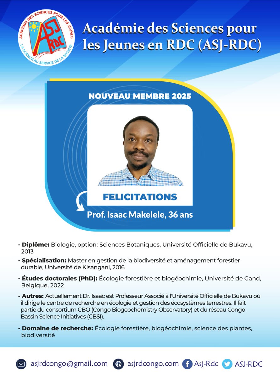 Académie des Sciences pour les Jeunes en RDC (@asjrdc) on Twitter photo #Mercredi_Profil
Aujourd'hui nous vous présentons le Prof. Dr Isaac Makelele qui nous a rejoint comme membre effectif en 2025, et le félicitons pour sa sélection à <a href="/AsjRdc/">Académie des Sciences pour les Jeunes en RDC</a>👏
Pour la liste complète de nos membres, veuillez consulter ce lien
asjrdcongo.com/team-3 #Mercredi_Profil
Aujourd'hui nous vous présentons le Prof. Dr Isaac Makelele qui nous a rejoint comme membre effectif en 2025, et le félicitons pour sa sélection à <a href="/AsjRdc/">Académie des Sciences pour les Jeunes en RDC</a>👏
Pour la liste complète de nos membres, veuillez consulter ce lien
asjrdcongo.com/team-3