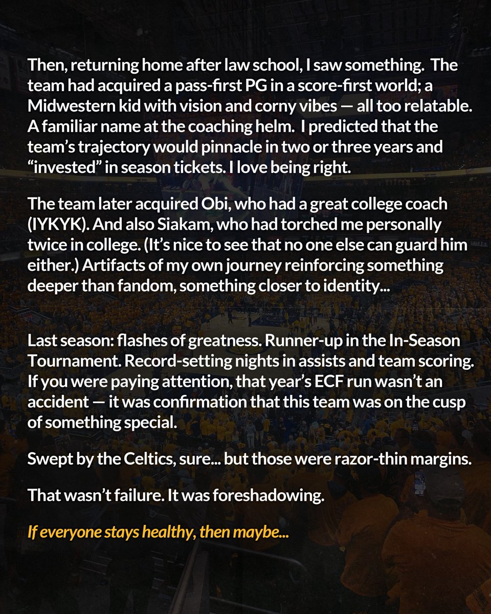 DJdslaught's tweet photo. One win away. The dream cut short.
But this was bigger than basketball. (It always is.)
This was also about Indiana — seen, heard, and nearly crowned.
The run may be over, but we'll carry it forever.
And I was there for every step of the way.
Thank you, @Pacers https://t.co/lVpjv6IRCI