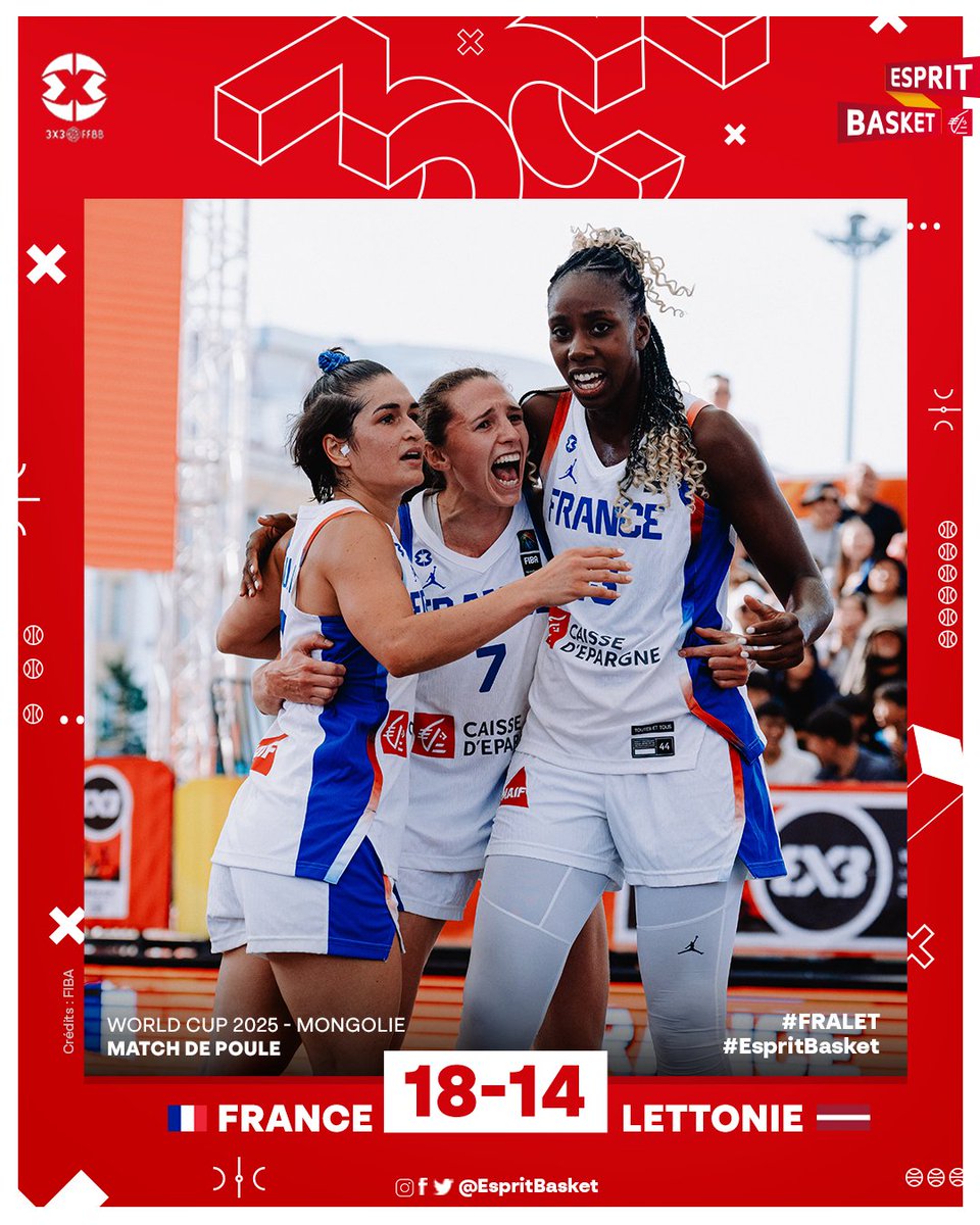 VICTOIRE 🏆

4/4 ✅ DIRECTION LES QUARTS DE FINALE 🔥

Bravo les Bleues, héroïques !
Un début de compétition impeccable 👏 Rendez-vous samedi 28 juin pour la suite !

#FRALET 🇫🇷 18 - 14 🇱🇻
#3x3WC #EspritBasket