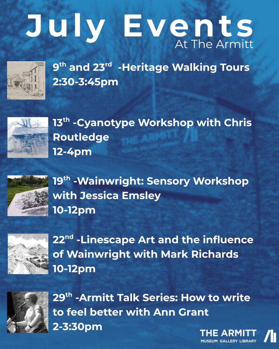 July Events
Walking tours, Wainwright, and Workshops.
For more information and to book follow- armitt.com/event-director…

#thearmitt #thearmittmuseum #thelakedistrict #armitttalkseries2025 #wainwrightwalks #linescapes #wainwrightswalks #thelakedistrictuk #workshops