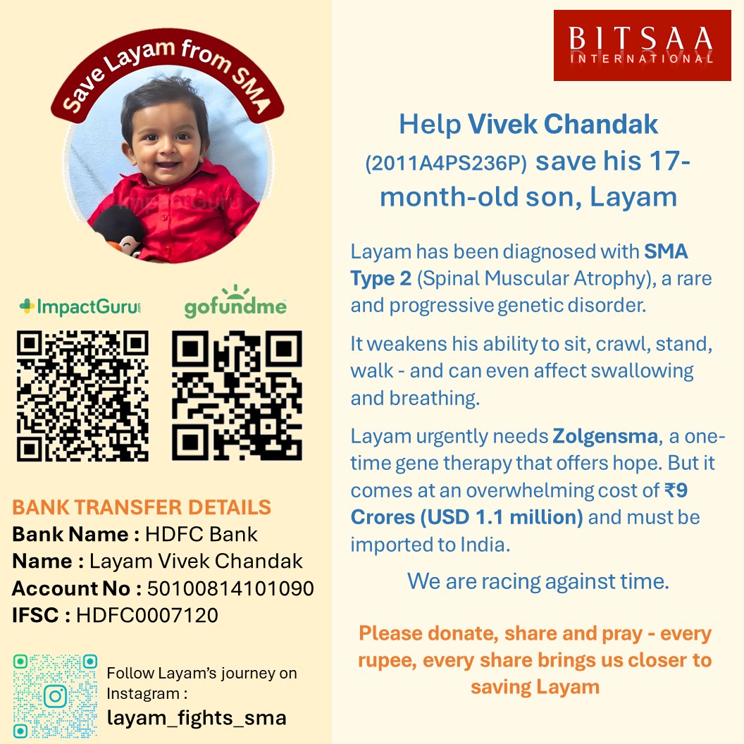 Our alum Vivek’s son, Layam, is battling SMA Type 2 — a rare, life-threatening disease. 
His only hope: Zolgensma, a ₹9 Cr (~$1.1M) gene therapy.

Please donate, share, and pray for Layam🙏🏽:

India : impactguru.com/fundraiser/hel…
Abroad : gofundme.com/f/urgent-suppo…