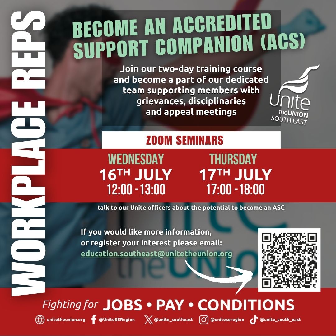 unite_southeast's tweet image. 📣 Support your fellow members – become an Accredited Support Companion
Join our 2-day ASC course & help others in grievance, disciplinary & appeal meetings
Zoom info sessions:
📅 16 July | 12:00–13:00
📅 17 July | 17:00–18:00
More info: education.southeast@unitetheunion.org