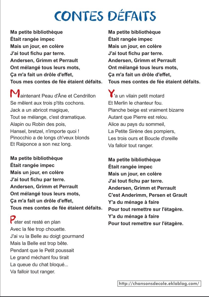 BogzEcole's tweet photo. "Andersen, Grimm et Perrault 
Ont mélangé tous leurs mots
Ca m'a fait un drôle d'effet 
Tous mes contes de fée étaient défaits "

Nouvelle chanson pour la classe sur les contes défaits,  texte instru et play-back pour les collègues. 
https://t.co/0g3LQWza75 https://t.co/v8G9tVY6ZF