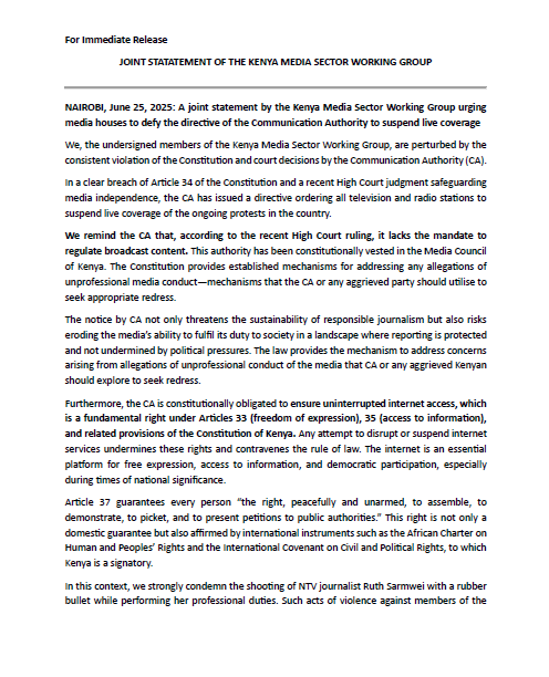 KUJ_Kenya's tweet photo. "We call on all Kenyan media houses to reject the @CA_Kenya  directive and continue normal programming without fear. Kenya is governed by the rule of law, and all government agencies must respect the Constitution and court rulings. #Justice4OurMashujaa. #SiriNiNumbersrrow https://t.co/DsjGBdn5B8