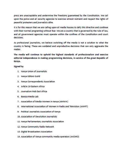 "We call on all Kenyan media houses to reject the <a href="/CA_Kenya/">Communications Authority of Kenya (CA)</a>  directive and continue normal programming without fear. Kenya is governed by the rule of law, and all government agencies must respect the Constitution and court rulings. #Justice4OurMashujaa. #SiriNiNumbersrrow