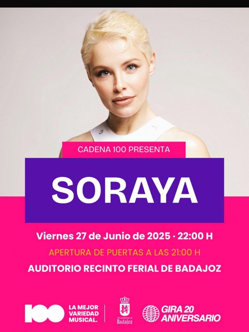 Turismo Badajoz (@turismobadajoz) on Twitter photo ποΈ ΒΏQuieres ir al concierto de Soraya este viernes?
Β‘PΓ‘sate por nuestras Oficinas de Turismo!π
π Casas MudΓ©jares y Pasaje de San Juan.
ποΈ 27 de junio Β· 21:00 h apertura Β· 22:00h concierto
<a href="/CADENA100/">CADENA 100</a> <a href="/aytodebadajoz/">Ayuntamiento Badajoz</a> <a href="/SorayaArnelas/">SORAYA</a>
#WelcomeToBadajoz #TurismoBadajoz #elijoBadajoz ποΈ ΒΏQuieres ir al concierto de Soraya este viernes?
Β‘PΓ‘sate por nuestras Oficinas de Turismo!π
π Casas MudΓ©jares y Pasaje de San Juan.
ποΈ 27 de junio Β· 21:00 h apertura Β· 22:00h concierto
<a href="/CADENA100/">CADENA 100</a> <a href="/aytodebadajoz/">Ayuntamiento Badajoz</a> <a href="/SorayaArnelas/">SORAYA</a>
#WelcomeToBadajoz #TurismoBadajoz #elijoBadajoz