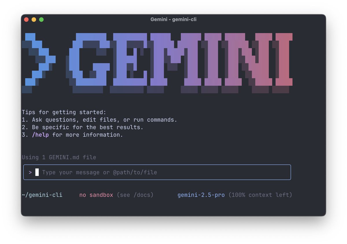 ntaylormullen's tweet image. This is truly a proud moment for me. For the past few months we've pushed non-stop to build Gemini CLI.
It's been a journey, and I couldn't be happier to finally share it with all of you. Free and open source!
Check it out: github.com/google-gemini/…