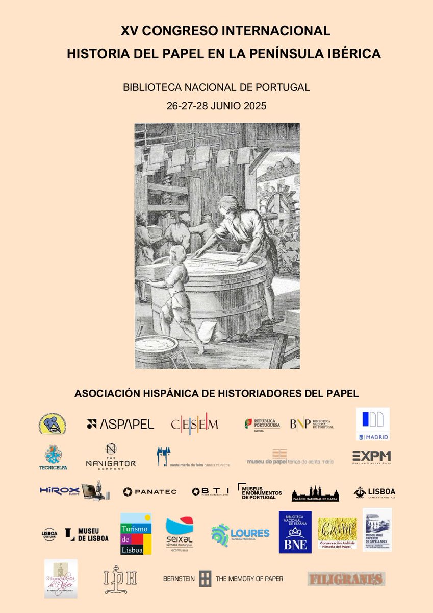 📍 Del 26 al 28 de junio 👉 XV Congreso Internacional Historia del Papel en la Península Ibérica (Biblioteca Nacional Portugal). Una oportunidad para conocer técnicas de fabricación del papel, filigranas, comercio, conservación y restauración... ahhp.es/programa/