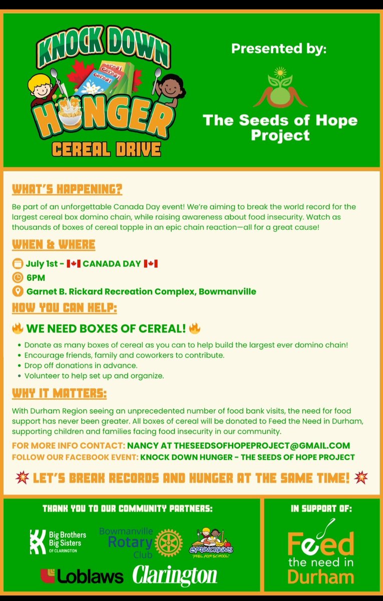 Nancy LeBlanc from The Seeds of Hope Project LIVE on <a href="/CKDOradio/">CKDO</a> with <a href="/CKDOTerry/">Terry Johnston</a>  - going for a Guinness World Record in Bowmanville on Canada Day-over 12,000 cereal boxes donated to Feed the Need in Durham, falling like dominos

soundcloud.com/user-212069307…

facebook.com/theseedsofhope…