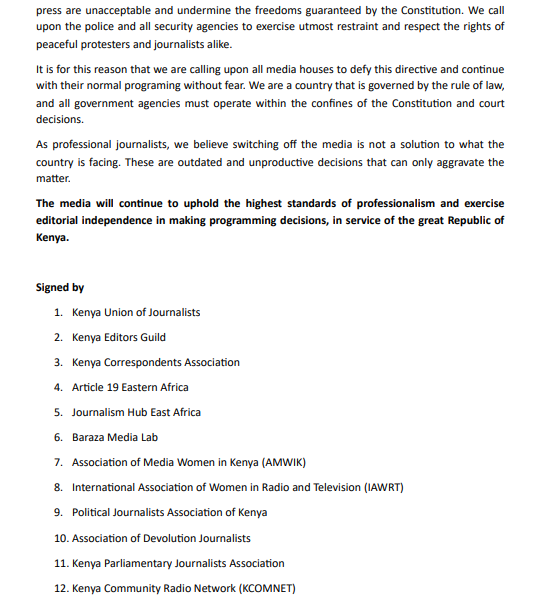 🚨The Kenya Media Sector Working Group (KMSWG) has called on broadcasters to defy a directive by the Communication Authority (<a href="/CA_Kenya/">Communications Authority of Kenya (CA)</a> ) ordering the suspension of live coverage of ongoing protests, terming the move unconstitutional and a threat to press freedom.
<a href="/QueenterMbori/">Queenter Mbori</a>
