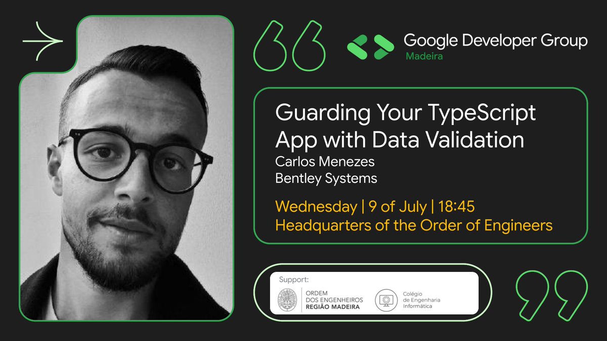 🛡️ Don’t trust types alone. Discover how runtime validation helps keep your app safe with Zod + TypeScript.

💬 With Carlos Menezes (<a href="/BentleySystems/">Bentley Systems, Inc</a>)
🗓️ July 9 (Wednesday), at 18:45
📍 Ordem dos Engenheiros headquarters

🎟️ Free registration here 👉 gdg.community.dev/e/mpu383/