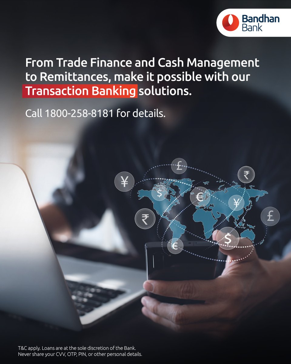 bandhanbank_in's tweet photo. From Trade Finance and Cash Management to Remittances, #BandhanBank offers #TransactionBanking solutions designed to streamline your operations and support steady growth.
Learn more: https://t.co/OfGqPgxiZa
Locate a branch: https://t.co/2U1Iv1uvAg
T&C apply. https://t.co/NFgrrkLXBD