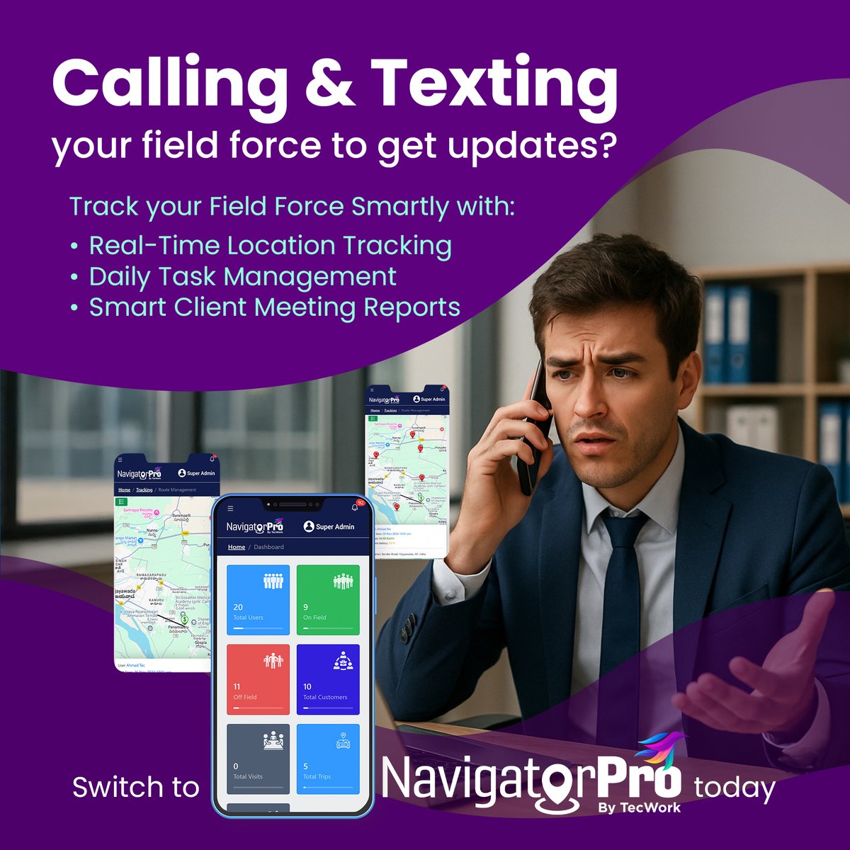 NavigatorPr0's tweet image. Tired of calling your field team for updates? 😤 

There’s a smarter way to stay in the loop. 

👉 Meet NavigatorPro : shorturl.at/M8Ny8

#taskmanagement #fieldforce #fieldtrackingsoftware #locationtrackingsystem #fieldforcemanagement #technology