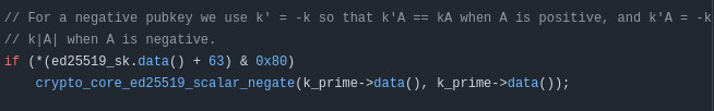 li0ard's tweet image. Messenger @session_app in new Blinded ID algorithm makes same mistake as in old algorithm.  Again failed if-condition is used to check sign bit (key[31] &amp;amp; 0x80) to generate hash of the server's public key, as result we again have 2 variants of possible public key when converting.