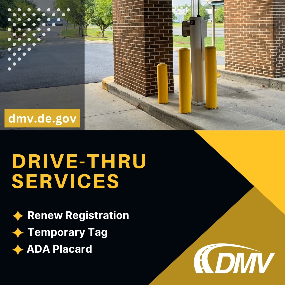 Cruise through our drive-thru for a registration renewal, temporary tags, or to apply for an ADA Placard. It’s open Monday, Tuesday, Thursday, and Friday from 8:00 a.m. - 4:30 p.m. and Wednesday from 11:00 a.m. - 7:00 p.m. #MoreWaysToDMV