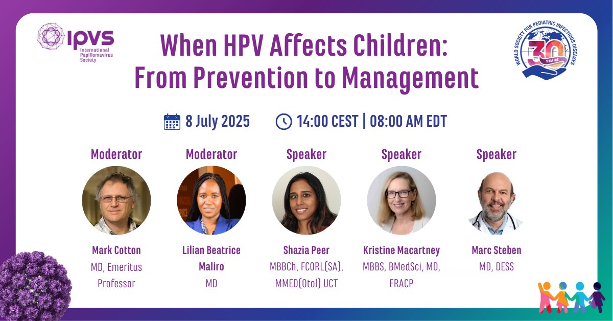WSPID's tweet image. Explore the pediatric impact of #HPV along with experts from @IPVSociety.
📅 July 8 | ⏰14:00 CEST
🎓 1 CME Credit
Topics:
🔹 Vertical transmission
🔹 Vaccine dosing
🔹 Vaccine communication
🔗 Register: bit.ly/44lst9H
#WSPID #Vaccines #Pediatrics #InfectiousDiseases