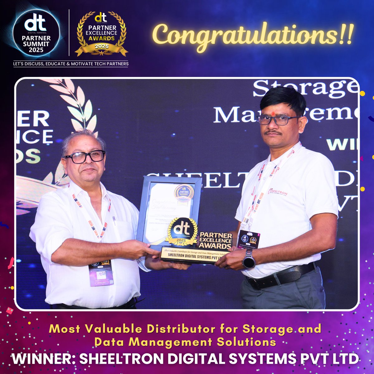 dterminalIN's tweet image. Many Congratulations to SHEELTRON DIGITAL SYSTEMS PVT LTD on winning Most Valuable Distributor for Storage and Data Management Solutions Award at the prestigious DT Partner Excellence Awards 2025! 

Watch Complete DT Partner Summit 2025:
 youtube.com/live/PdLQm8qok…

#DTPS #DTPS2025