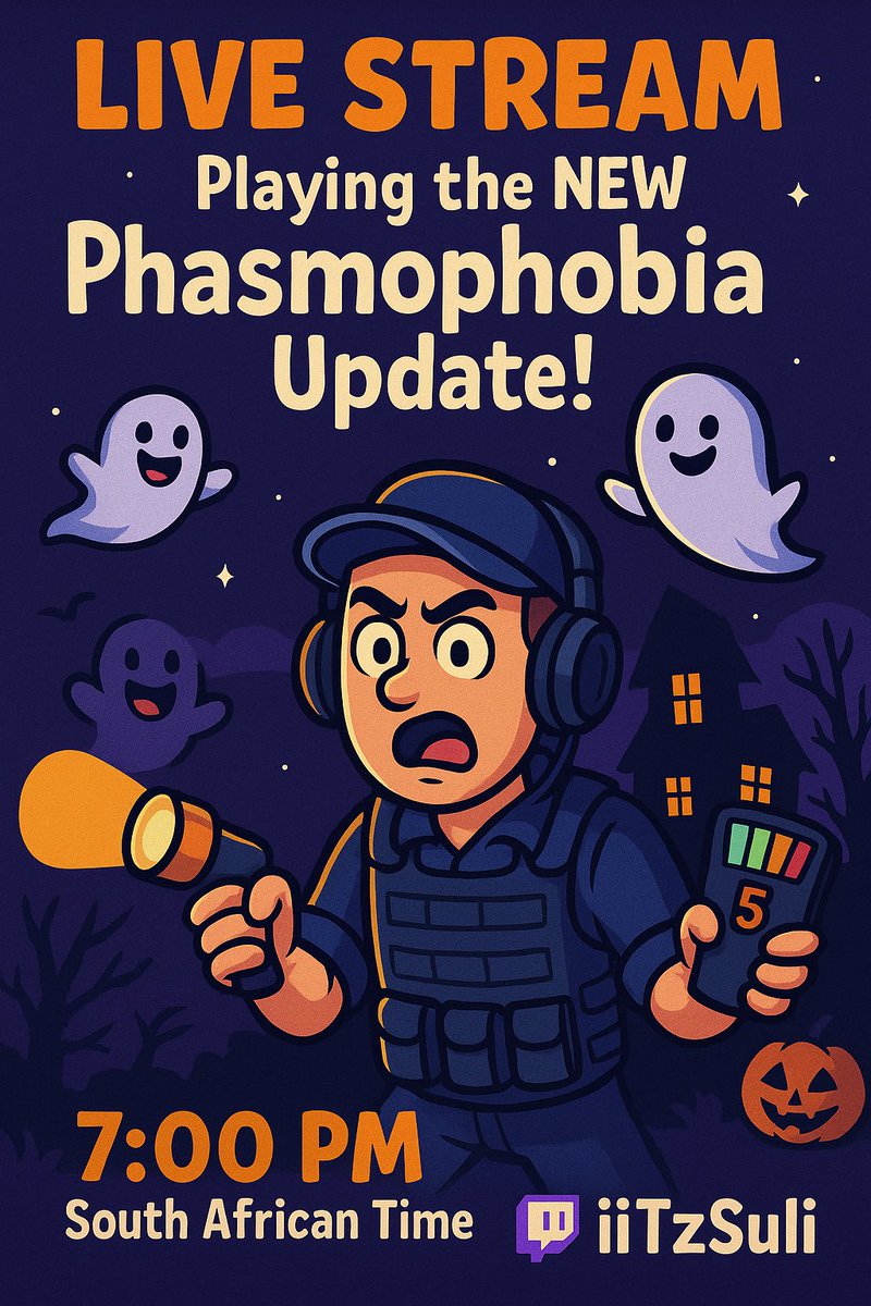 Come join for some spooky fun at 07:00 PM 👻

twitch.tv/iiTzSuli

#Phasmophobia #twitch #smallstreamer #gaming