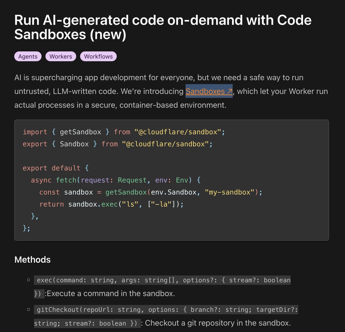 _ashleypeacock's tweet image. One of the use cases I talked about in my Cloudflare containers post was running code in a sandbox (e.g. a website to prompt an app needs to run "untrusted" code in a safe way).
Looks like this is now easy thanks to a new npm package Cloudflare just dropped, aptly named sandbox!…