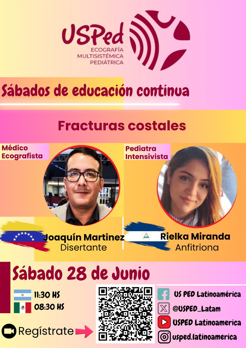 USPed (@usped_latam) on Twitter photo Sábados de POCUS presenta:
"Fracturas Costales"
En trauma tienes una herramienta más para detectar fracturas en tu parrilla torácica. 🔊🩻
Ponente: <a href="/JMMR83/">Joaquín Martínez</a> MedEd 🇻🇪
Anfitrión: <a href="/RielkaMaMiranda/">Marietta 🏵️🌼</a> PedsICU🇳🇮
USPed, la Comunidad de POCUS Pediátrico👶🏻👦🏻👧 Sábados de POCUS presenta:
"Fracturas Costales"
En trauma tienes una herramienta más para detectar fracturas en tu parrilla torácica. 🔊🩻
Ponente: <a href="/JMMR83/">Joaquín Martínez</a> MedEd 🇻🇪
Anfitrión: <a href="/RielkaMaMiranda/">Marietta 🏵️🌼</a> PedsICU🇳🇮
USPed, la Comunidad de POCUS Pediátrico👶🏻👦🏻👧