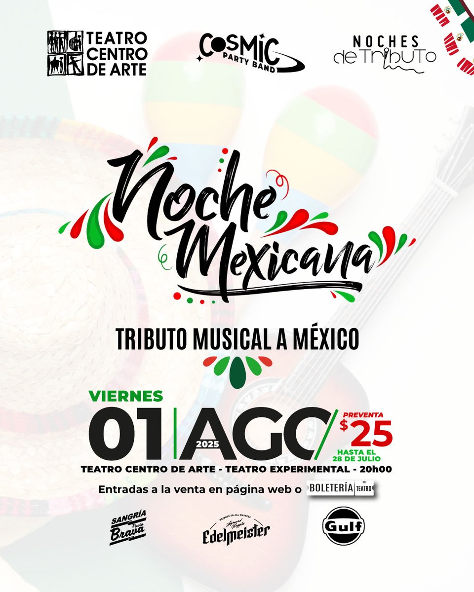 🚨 Atención 🚨
El evento Noche Mexicana ha sido reprogramado.
Nueva fecha: viernes 1 de agosto.
Tu entrada sigue siendo válida para esta nueva fecha.
¡Gracias por tu comprensión! Te esperamos para disfrutar juntos de este gran tributo.
#NocheMexicana #Tributo #Banda #Concierto