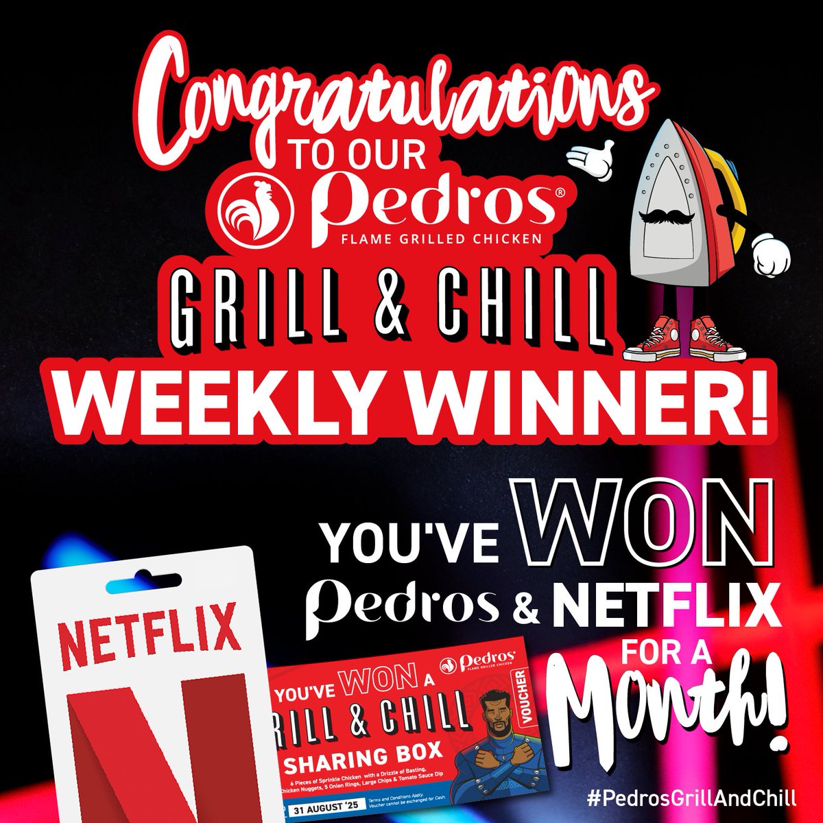 Congratulations to our Grill &amp; Chill Weekly Winners <a href="/HyaTheDoll/">Hyacintha Mpeoa 🦄🌈 🦄🌈</a> and 
<a href="/Waheedabhana/">Waheeda Bhana</a>!
For a chance to win WEEKLY PRIZES, see website for Competition Details: pedroschicken.co.za/competition/
