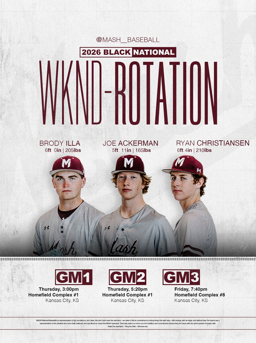 MASH Baseball (@mash__baseball) on Twitter photo 2026 Black National Weekend Rotation 💪🔁
GM1: <a href="/Thrilla55/">Brody Illa</a>
GM2: <a href="/JoeAck12/">Joe Ackerman</a>
GM3: <a href="/ryanchrist21/">Ryan Christiansen</a> 2026 Black National Weekend Rotation 💪🔁
GM1: <a href="/Thrilla55/">Brody Illa</a>
GM2: <a href="/JoeAck12/">Joe Ackerman</a>
GM3: <a href="/ryanchrist21/">Ryan Christiansen</a>