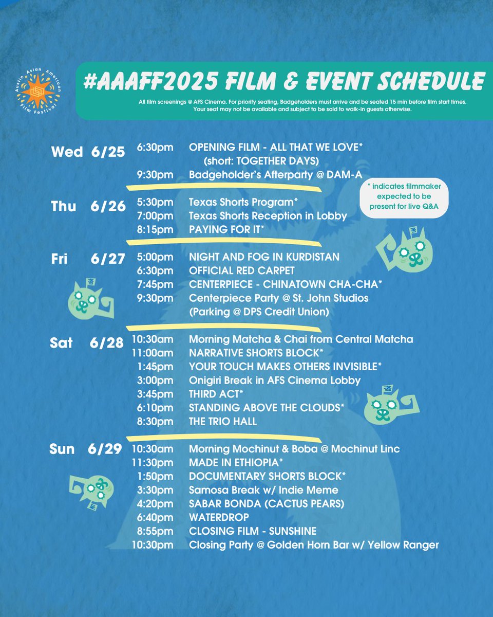 It's FEST day! Get your schedule prepped and ready with this handy cheat sheet outlining all our film and event times. See you there? 👀

Less than 5 badges left! Grab yours or snag single-screening tix here: aaafilmfest.org/how-to-attend-…  🔥
