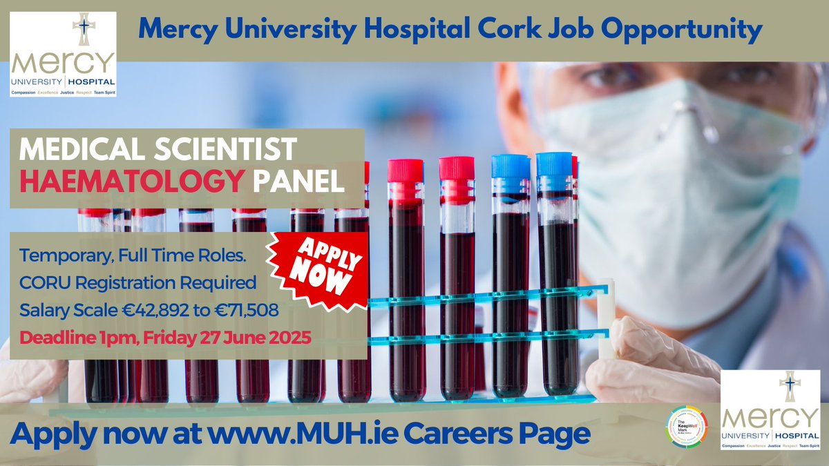 Deirdre O'Riordan (@deeoriordan8) on Twitter photo ๐งช #MedicalScientists - Apply Now for the Medical Scientist #Haematology Panel at <a href="/Mercycork/">Mercy University Hospital Cork</a>
Closing date is 1pm THIS Friday, 27 June 2025 so no time to spare.
Click this link to find out more and submit your application: api.occupop.com/shared/job/temโฆ
#HSEJobs #NHSJobs #CORU ๐งช #MedicalScientists - Apply Now for the Medical Scientist #Haematology Panel at <a href="/Mercycork/">Mercy University Hospital Cork</a>
Closing date is 1pm THIS Friday, 27 June 2025 so no time to spare.
Click this link to find out more and submit your application: api.occupop.com/shared/job/temโฆ
#HSEJobs #NHSJobs #CORU