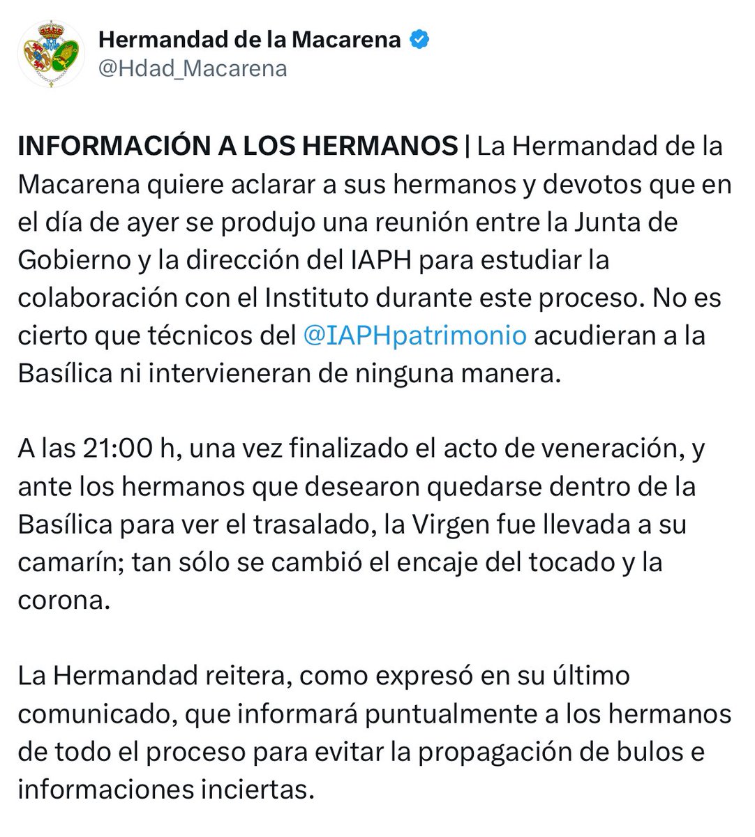 📰 Información actualizada de la Junta de Gobierno de la Hermandad Macarena sobre la Virgen de la Esperanza 
#EsperanzaMacarena #SentenciayMacarena #LaMacarena25
