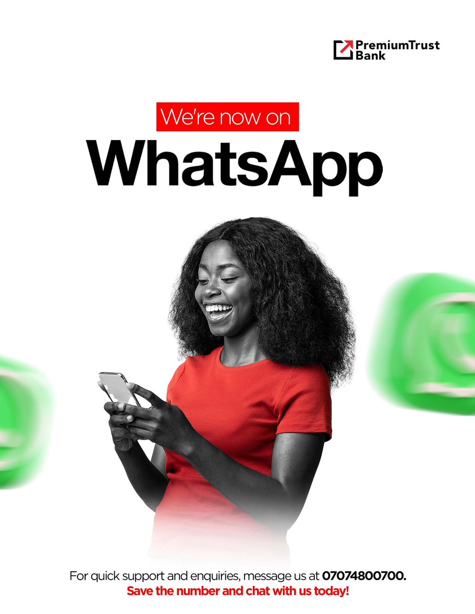Banking just got even easier.
You can now reach us on WhatsApp for quick support, enquiries, and seamless service, right at your fingertips.

Save our WhatsApp number: 07074800700
Send us a message today; we’re here to help!

#PremiumTrustBank #NowOnWhatsApp #CustomerFirst