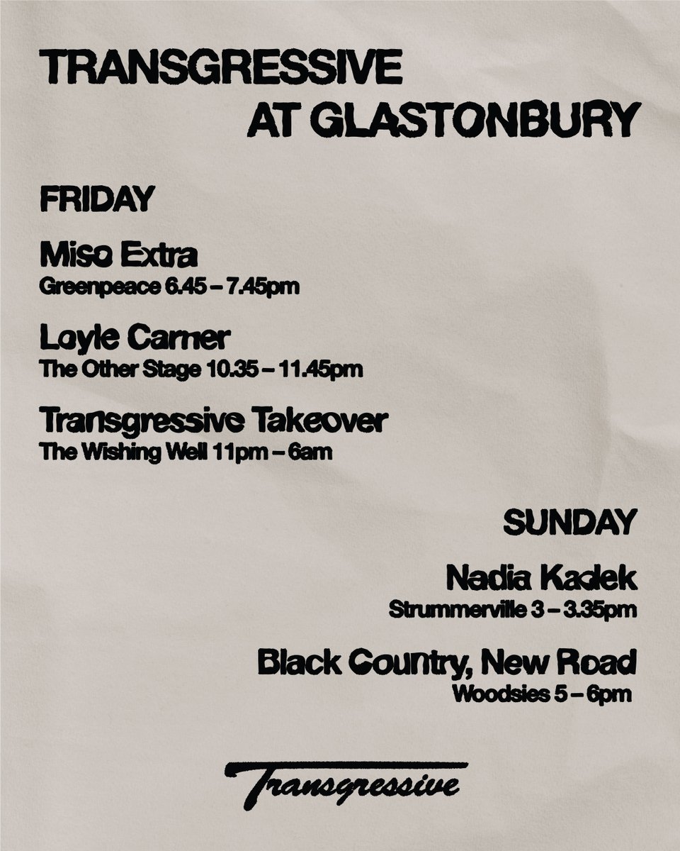 transgressiveHQ's tweet image. Transgressive at @glastonbury 2025! 🌟

Catch our artists across the festival and come and join us on Friday evening as we takeover The Wishing Well