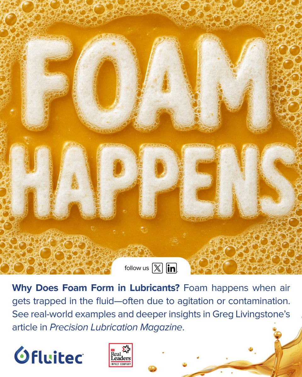 Lubricant foam arises primarily from the entrapment and stabilization of air bubbles within the fluid. There are several potential causes, but foam is generally initiated by either a mechanical or chemical reason. 
zurl.co/qiXXW 
#fluitec #foam #oilanalysis
