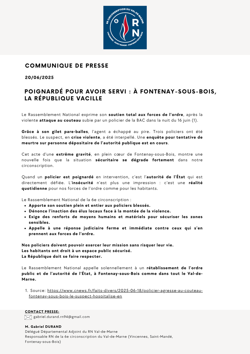 GabrielDurandRN's tweet photo. 👮🏻‍♂️ #FontenaySousBois : un policier poignardé.

Le RN de la 6e circonscription exprime son soutien total aux forces de l’ordre et appelle à un sursaut d’autorité face à une insécurité hors de contrôle.

#circo9406 #ValDeMarne #Sécurité #Police #RN94 https://t.co/P4evF9ozN1