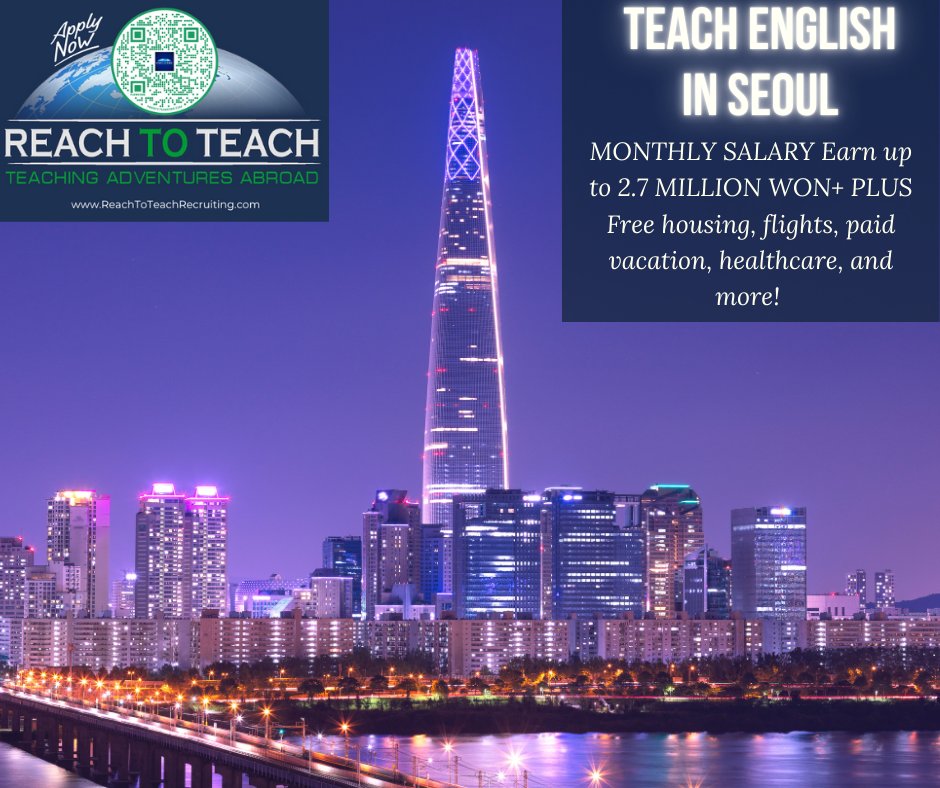 Reach_To_Teach's tweet image. Reach To Teach is #ESLTeachers for positions in #Seoul, #SouthKorea. Earn up to 2.7 million Won per month, plus free housing, flights, and more! Learn more about teaching in Korea. Submit your application at: buff.ly/49iOTDi
#TeachAbroad #TeachinKorea