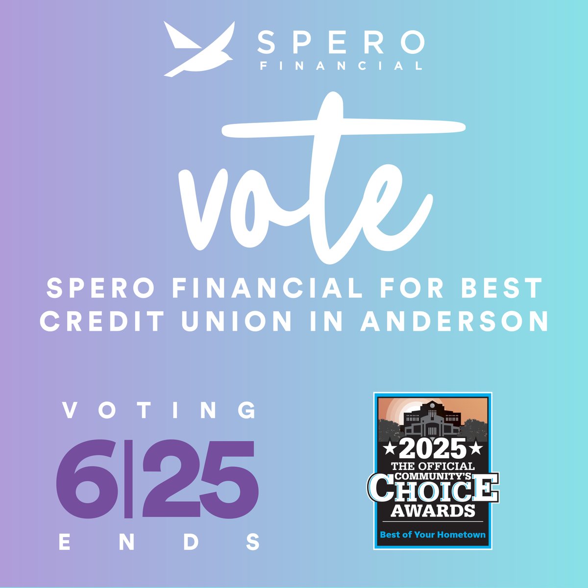 Today’s the last day to vote for Spero for the Best Credit Union in Anderson!

Vote now: independentmail.gannettcontests.com/2025-Best-of-Y…