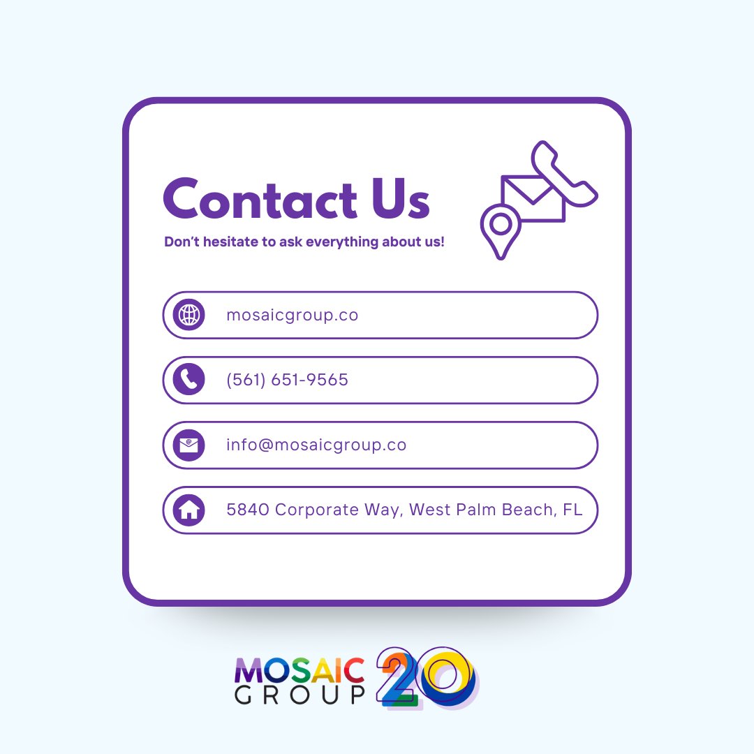 Ready to elevate your brand? Schedule a FREE consultation with our experts today. Limited spots available!

#Mosaic20 #DigitalMarketing #MarketingStrategy #ContentMarketing #SocialMediaMarketing #OnlineMarketing #Branding #GrowYourBusiness #EntrepreneurLife #SmallBusinessMktg