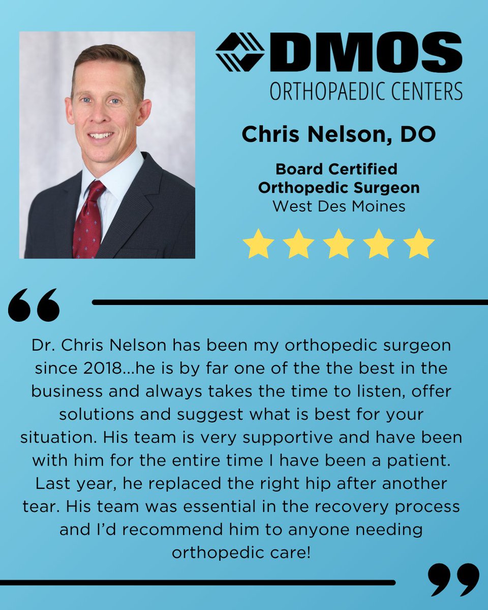 ⭐⭐⭐⭐⭐ Thank you to the patient who left this five star review for Dr. Nelson! We are happy to hear you had a wonderful experience at DMOS.

Book an appointment today by visiting tinyurl.com/dmosappointmen… or calling 515-224-1414! #herewhenyouneedus #orthopedics