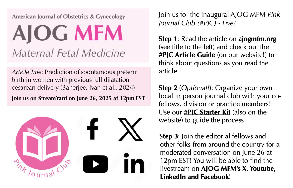 AJOGMFM (@ajogmfm) on Twitter photo Welcome to the PinkJournalClub (#PJC) c/o of our current editorial fellows <a href="/mjoyw/">Michelle Joy Wang</a>, Beverly Tse and Mariam Ayyash! Join us for our inaugural livestreamed journal club event on 6/26 at 12pm EST and checkout the #PJC page on our website for more details ow.ly/gAPo50W6QLb Welcome to the PinkJournalClub (#PJC) c/o of our current editorial fellows <a href="/mjoyw/">Michelle Joy Wang</a>, Beverly Tse and Mariam Ayyash! Join us for our inaugural livestreamed journal club event on 6/26 at 12pm EST and checkout the #PJC page on our website for more details ow.ly/gAPo50W6QLb