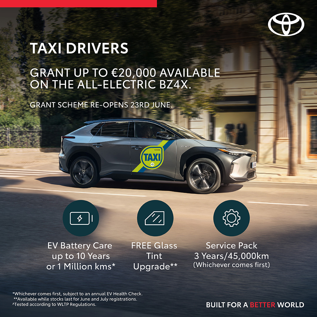 Taxi Drivers! The eSPSV Grant Scheme reopens June 23rd, claim up to €20,000 towards the all-electric Toyota bZ4X ⚡

✅ EV Battery Care – Up to 10 years / 1 million kms
✅ Free glass tint upgrade
✅ 3-Year / 45,000km Service Pack included

ocallaghanmotors.com/finance-and-of…