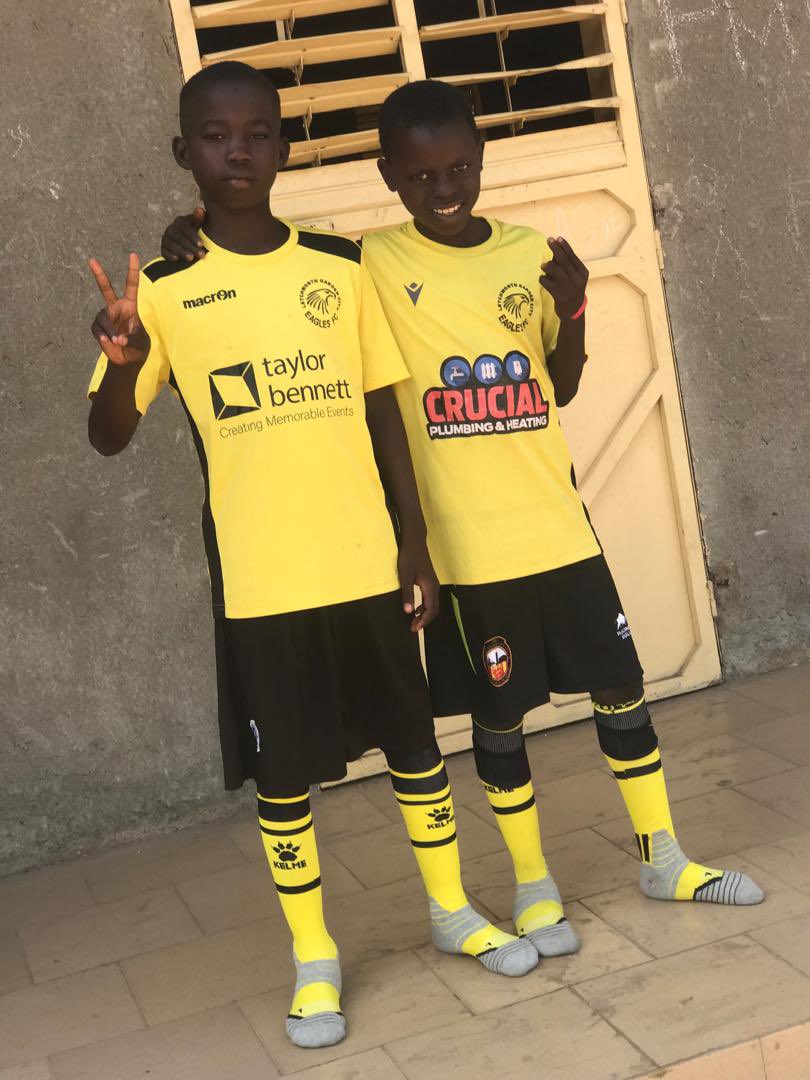 KitAid's tweet image. Many thanks to @LGCEaglesFC for another donation of kit and here are some photos just in from The Gambia with players from the wonderfully named “CashMoney Football Academy”!
@HertfordshireFA