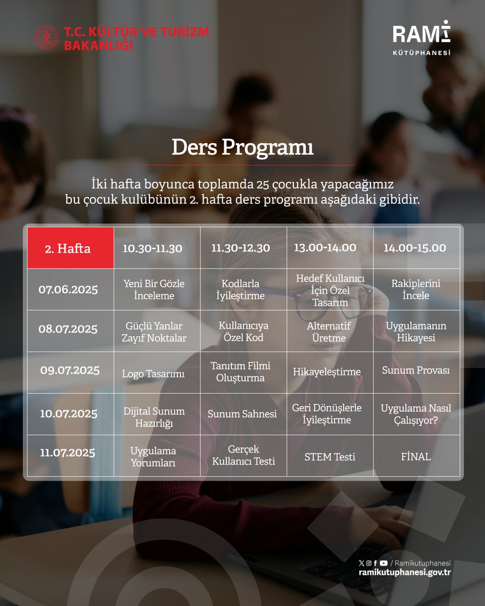 Büyük hayaller, yepyeni fikirler! 🚀🧠
Rami’de çocuklar girişimcilikle tanışıyor!
 
Katılımcılar "Girişimcilik Çocuk Kulübü"nde Rami Kütüphanesi’ni kendi gözlerinden değerlendirecek, fark ettikleri bir soruna çözüm üretecek ve kendi uygulama yöntemlerini geliştirip sunacaklar.