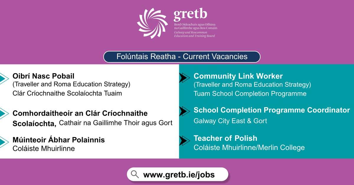 Táimid ag Earcú - Now Hiring! 

Déan iarratas chuig/ Apply to: gretb.ie/jobs 

#GRETB #WeAreGRETB #GalwayJobs
