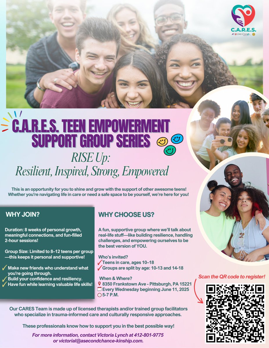 Ready to RISE UP? 🌟 Join the C.A.R.E.S. Teen Empowerment Group! 8 weeks of fun, support &amp; growth for teens ages 10–18. Every Wed 5–7PM in Pittsburgh. 💬💪🏾 Scan the QR to register! #RISEUp #TeenSupport #EmpowerOurYouth

asecondchance-kinship.com/empowering-tee…