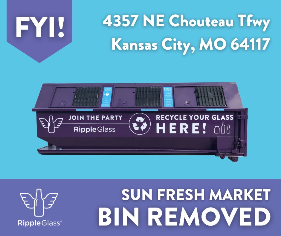 📢 KCMO! Unfortunately, our purple bin in front of Sun Fresh Chouteau has been removed. We are actively searching for a new drop-off site in this area! Nearby purple bins:

📍 Price Chopper ➡️ 4820 N. Oak Tfwy, KCMO 64119 
📍 NKC Drop-Off Center ➡️ 1901 Iron Street, NKC, MO 64116