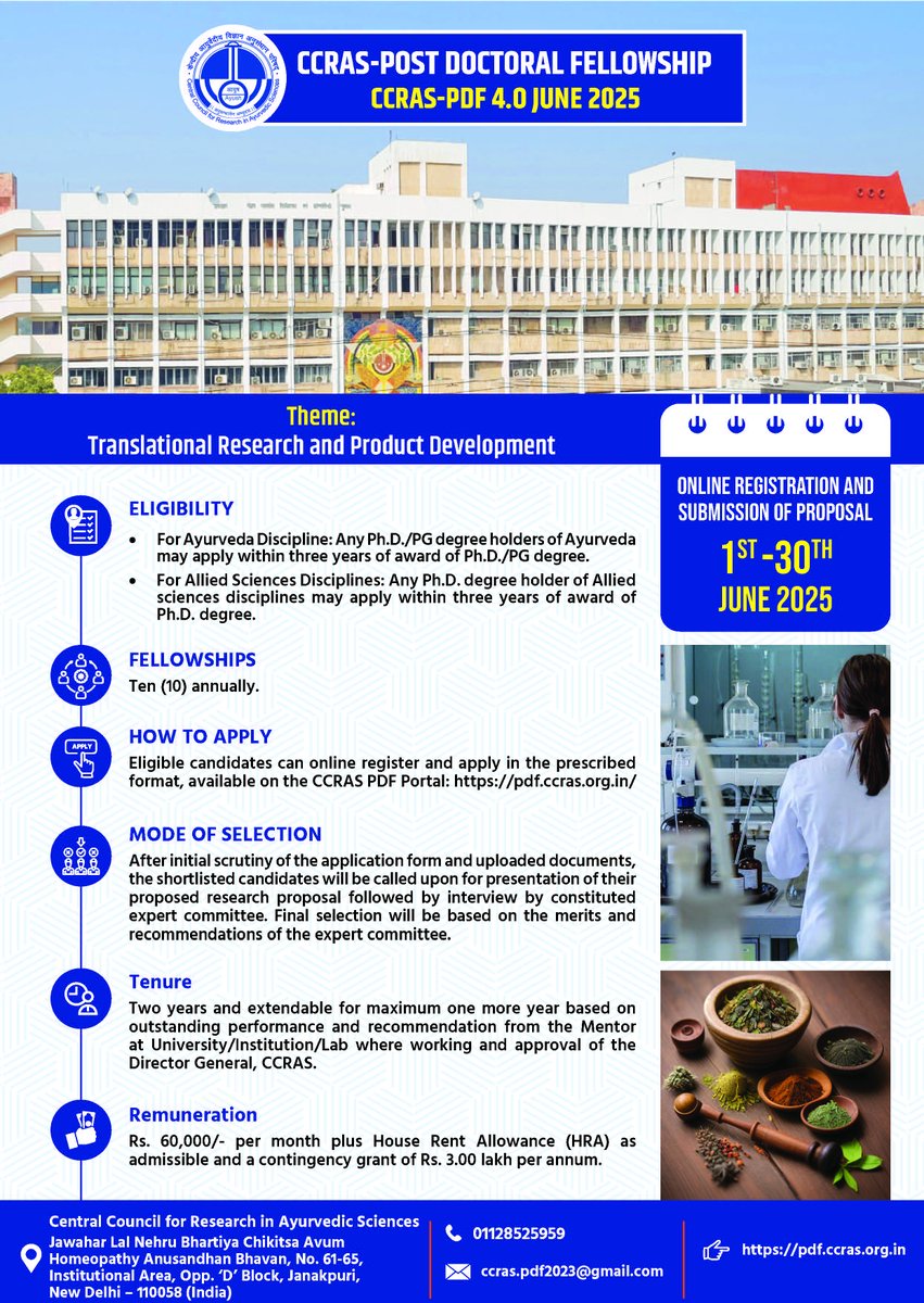 🚨 𝐅𝐈𝐍𝐀𝐋 𝐂𝐀𝐋𝐋: CCRAS Post Doctoral Fellowship 4.0 – June 2025 Batch! 

🗓️ 𝑫𝒆𝒂𝒅𝒍𝒊𝒏𝒆: 30th June 2025 (midnight)
⚠️ Submit early to avoid last-minute glitches!

🔗𝐀𝐩𝐩𝐥𝐲 𝐧𝐨𝐰: pdf.ccras.org.in

#CCRAS #Fellowship #ResearchOpportunity #Ayush