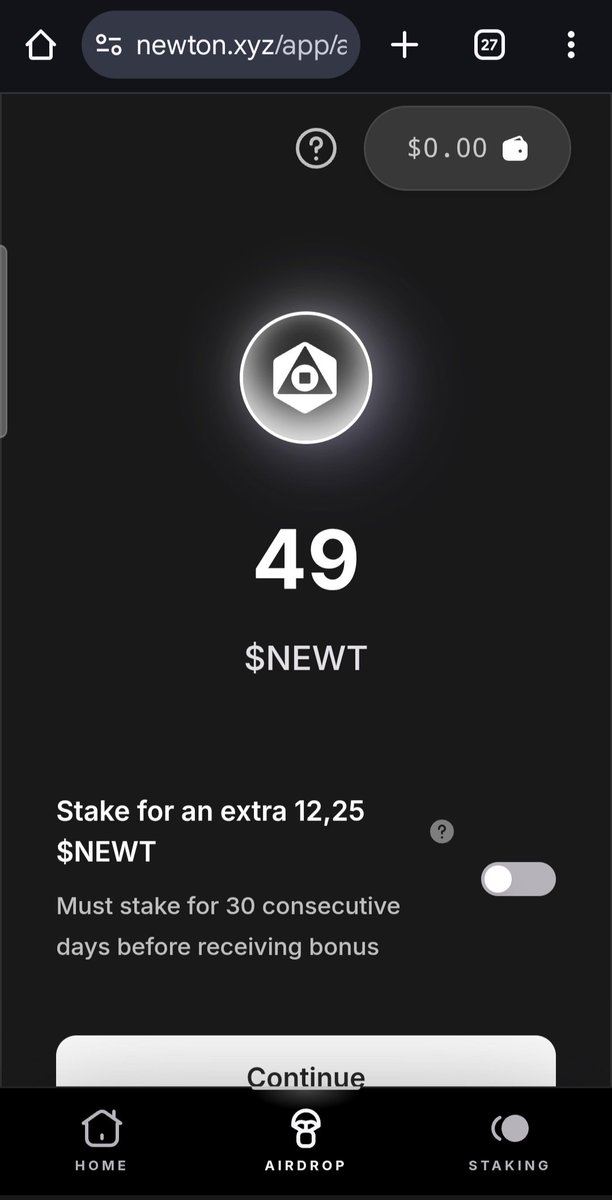 Klaim Airdrop Berhasil!
Baru aja klaim 49 $NEWT dari @Newton_xyz 💥

Langsung bisa staking 30 hari buat dapet bonus +12.25 $NEWT! 
Kalau belum klaim, cek bro: newton.xyz/app
Panduan lengkap: docs.newt.foundation

#Airdrop #Crypto #NEWT #StakingRewards