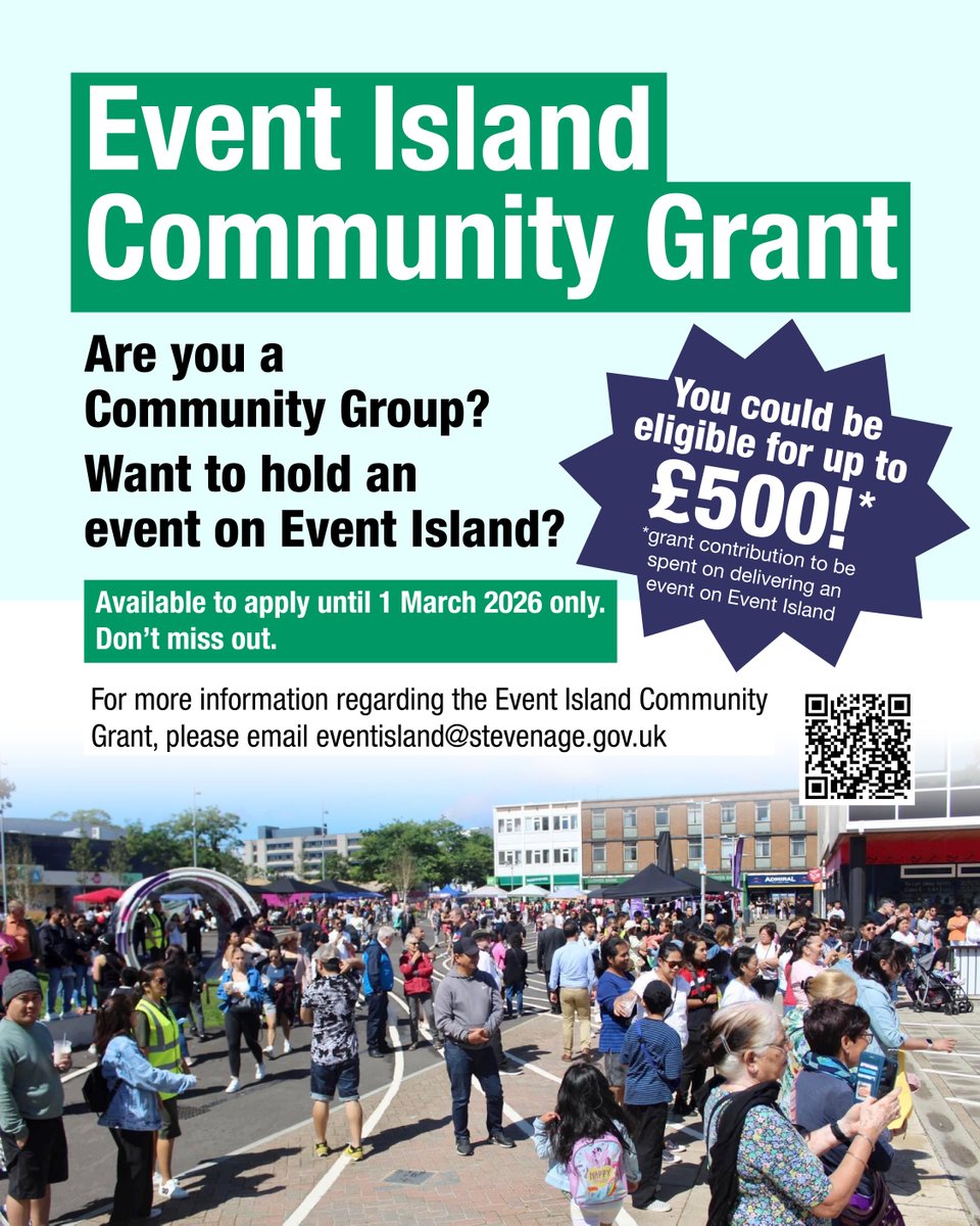 Have you heard of the Event Island Community Grant, offering up to £500 to support local groups in organising events on Event Island. Why not apply today? We'd love to hear from Stevenage groups looking to bring their ideas to life. Visit stevenage.gov.uk/town-and-commu…